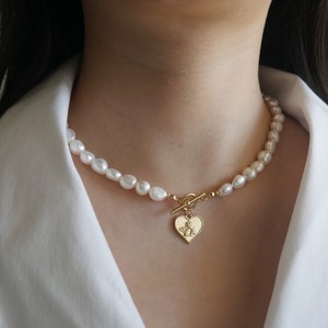 Baroque Pearl Necklace. Heart Charm Necklace. Freshwate Pearl Necklace with Charm. Pearl Necklace with Toggle. Gift For Her. image 6