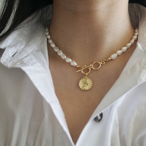 Baroque Pearl Necklace. Charm Necklace. Pearl Necklace With Gold Coin Pendant, Freshwater Pearl Necklace, Toggle Closure, Gift For Her. image 1