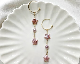 Star Pearl Drop Earrings | Pink Purple Baroque Pearl Earrings | Long Dangle Earrings | Gold Vermeil Hoop Earrings | Wedding Gift for Her