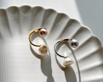 Freshwater Pearl Ring. Double Baroque/Keshi Pearl Ring. Adjustable Cuff Ring. Gold Vermeil/S925 Silver Ring. Gift For Her. Mother Gifts.