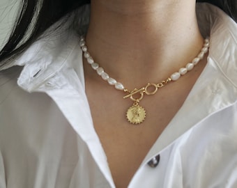 Baroque Pearl Necklace. Charm Necklace. Pearl Necklace With Gold Coin Pendant, Freshwater Pearl Necklace, Toggle Closure, Gift For Her.