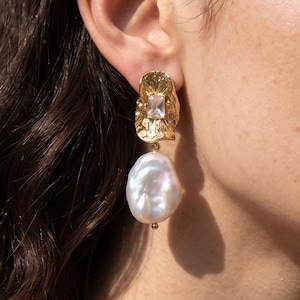 Freshwater Large Petal Baroque Pearl Dangle Earrings | Vintage Pearl Statement Earrings | Wedding Bridal Jewelry Gift for Her