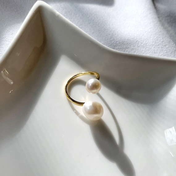 Double Pearl Adjustable Ring | Freshwater Baroque Pearl Ring | Minimalist Pearl Open Ring | Gold Vermeil Ring | Elegant Jewelry Gift for Her