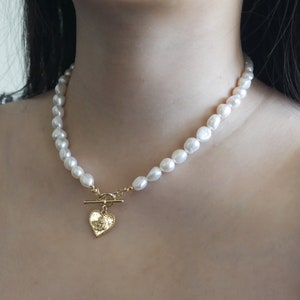 Baroque Pearl Necklace. Heart Charm Necklace. Freshwate Pearl Necklace with Charm. Pearl Necklace with Toggle. Gift For Her. image 4
