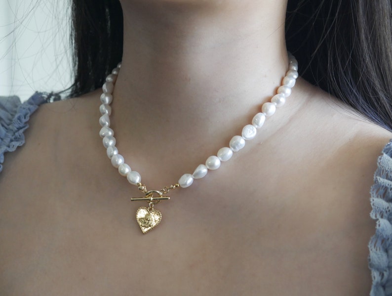 Baroque Pearl Necklace. Heart Charm Necklace. Freshwate Pearl Necklace with Charm. Pearl Necklace with Toggle. Gift For Her. image 4