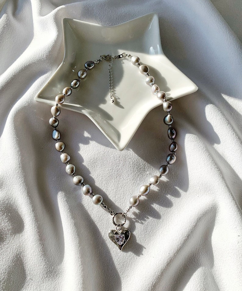 Grey Baroque Pearl Necklace. Heart Charm Pearl Necklace. Freshwater Pearl Necklace. Gift For Her. image 1