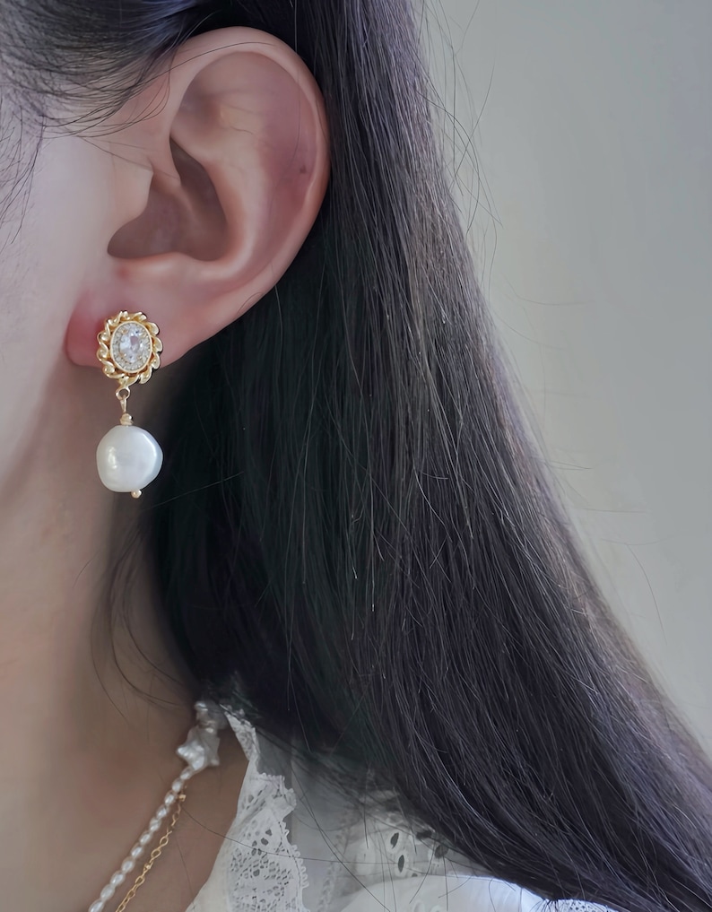 Freshwater Baroque Pearl Drop Earrings. Vintage Dangle Earrings. Everyday Earrings. Wedding Bridal Pearl Earrings. Bridesmaids Gift. image 4