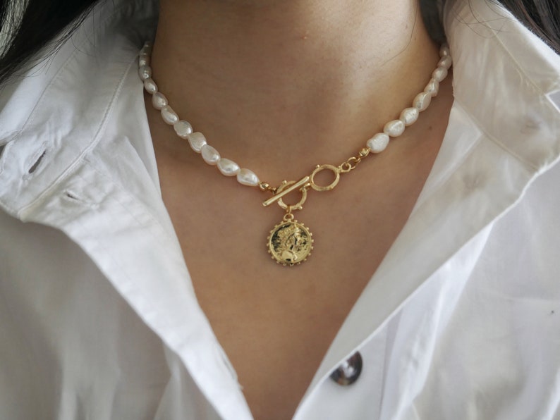 Baroque Pearl Necklace. Charm Necklace. Pearl Necklace With Gold Coin Pendant, Freshwater Pearl Necklace, Toggle Closure, Gift For Her. image 5