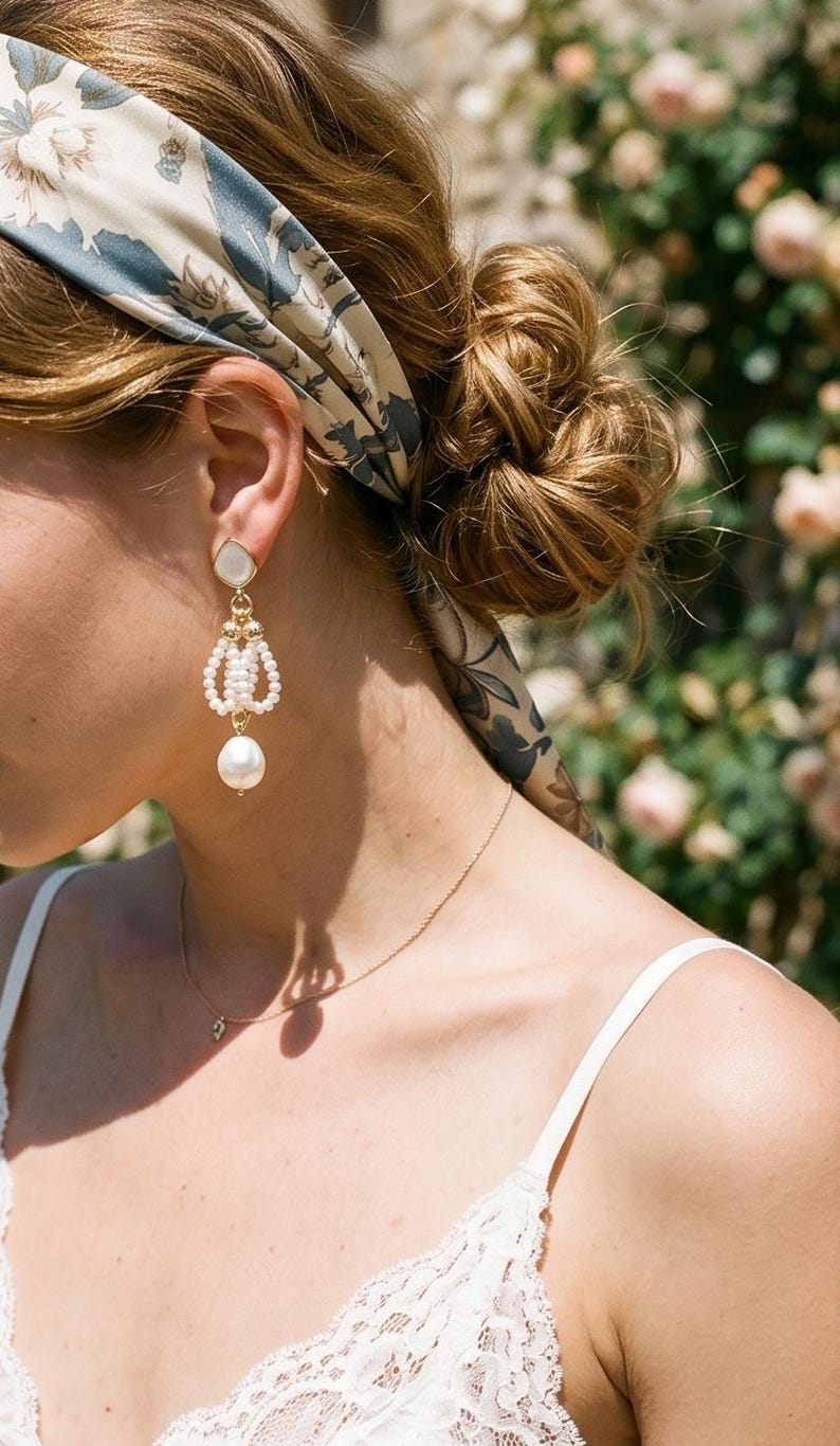 May include: A gold-tone drop earring featuring a white teardrop-shaped stud, a central oval loop composed of small white seed pearls, and a single large white pearl dangling at the bottom, suspended from a gold-tone metal chain link.