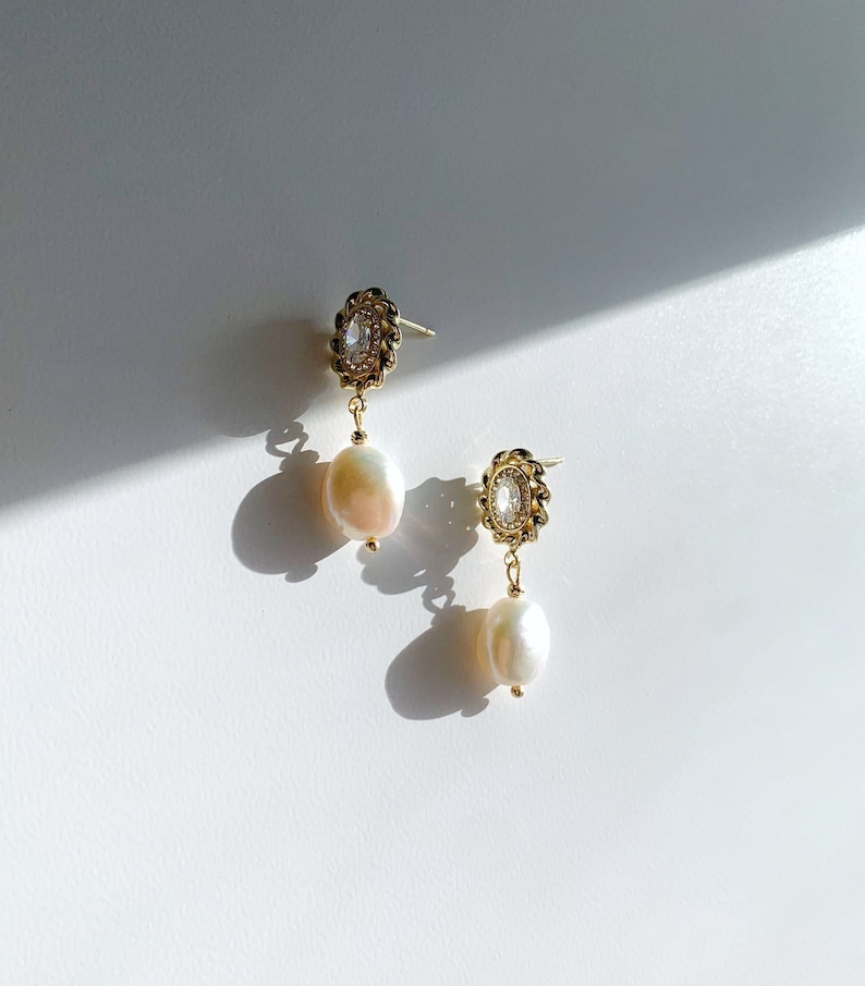 Freshwater Baroque Pearl Drop Earrings. Vintage Dangle Earrings. Everyday Earrings. Wedding Bridal Pearl Earrings. Bridesmaids Gift. image 2