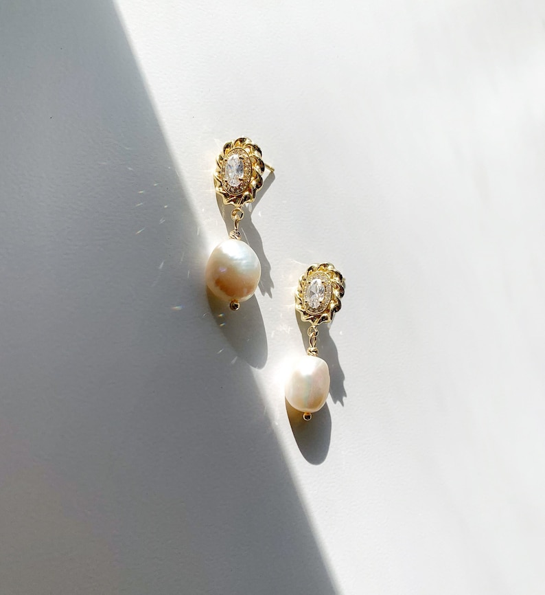 Freshwater Baroque Pearl Drop Earrings. Vintage Dangle Earrings. Everyday Earrings. Wedding Bridal Pearl Earrings. Bridesmaids Gift. image 6