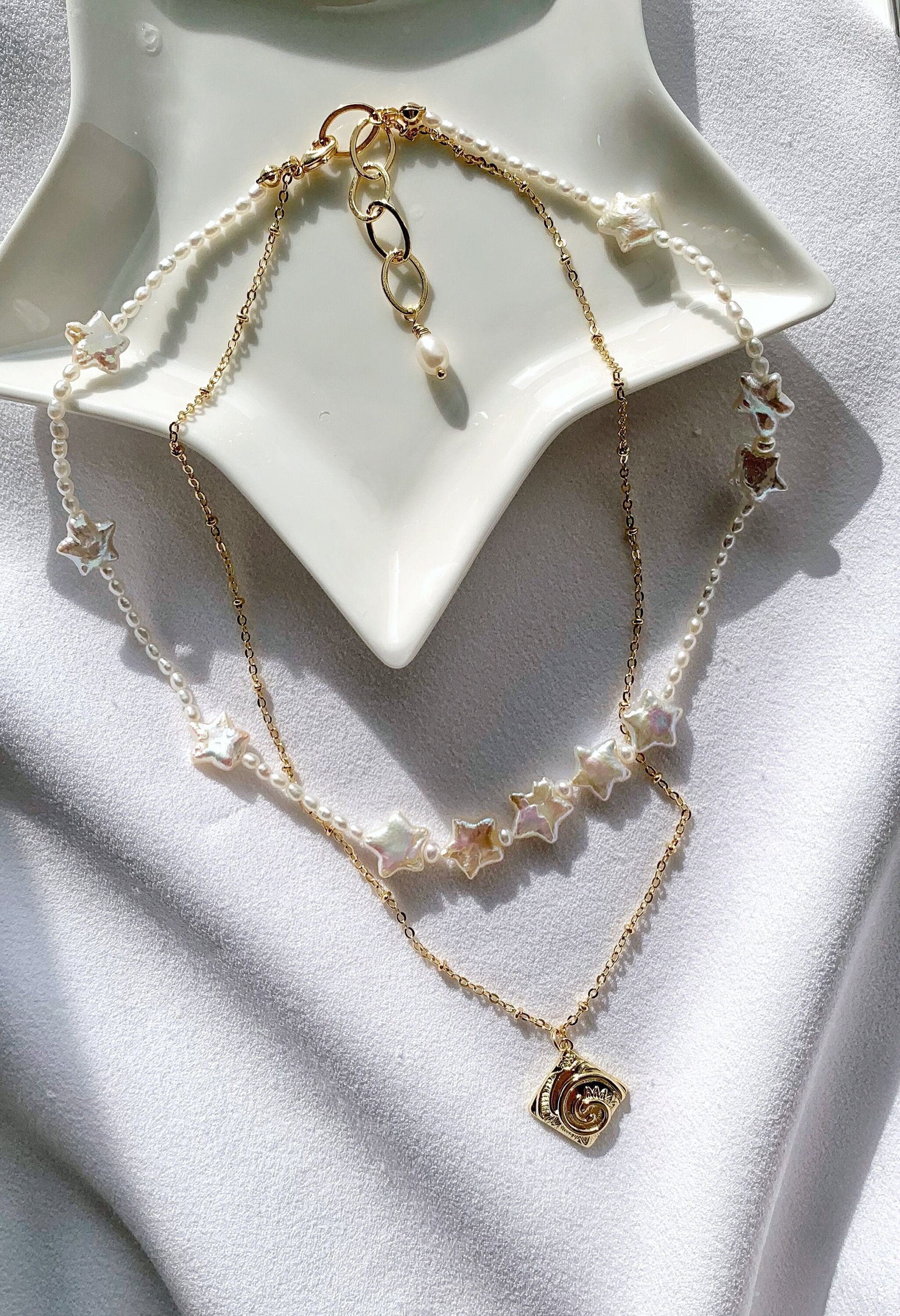 Star Baroque Pearls Necklace With Pendant. Rice Pearl.Multiple Strands Necklace. Medallion Pendant. Wedding Bridal Gift. Gift for her.