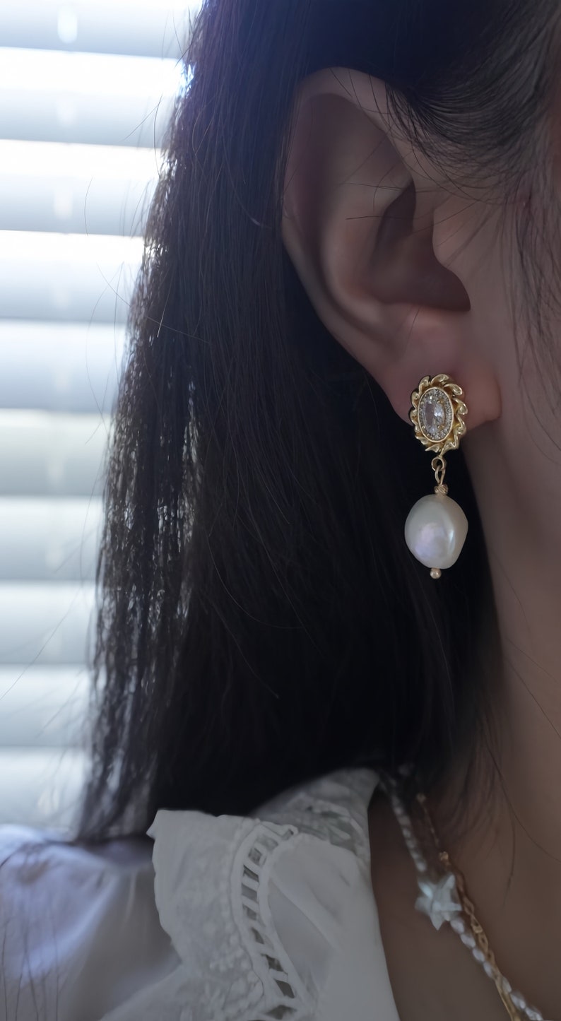 Freshwater Baroque Pearl Drop Earrings. Vintage Dangle Earrings. Everyday Earrings. Wedding Bridal Pearl Earrings. Bridesmaids Gift. image 7
