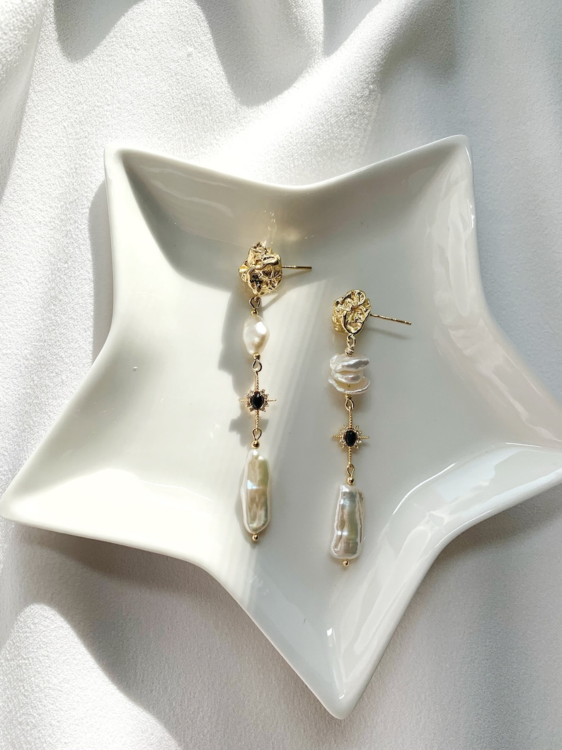 Freshwater Keshi Pearl Earring. White Biwa Pearl Dangle Earring. Mismatched Pearl Drop Earring. Long Pearl Drop Earring. Black Star Earring. image 7