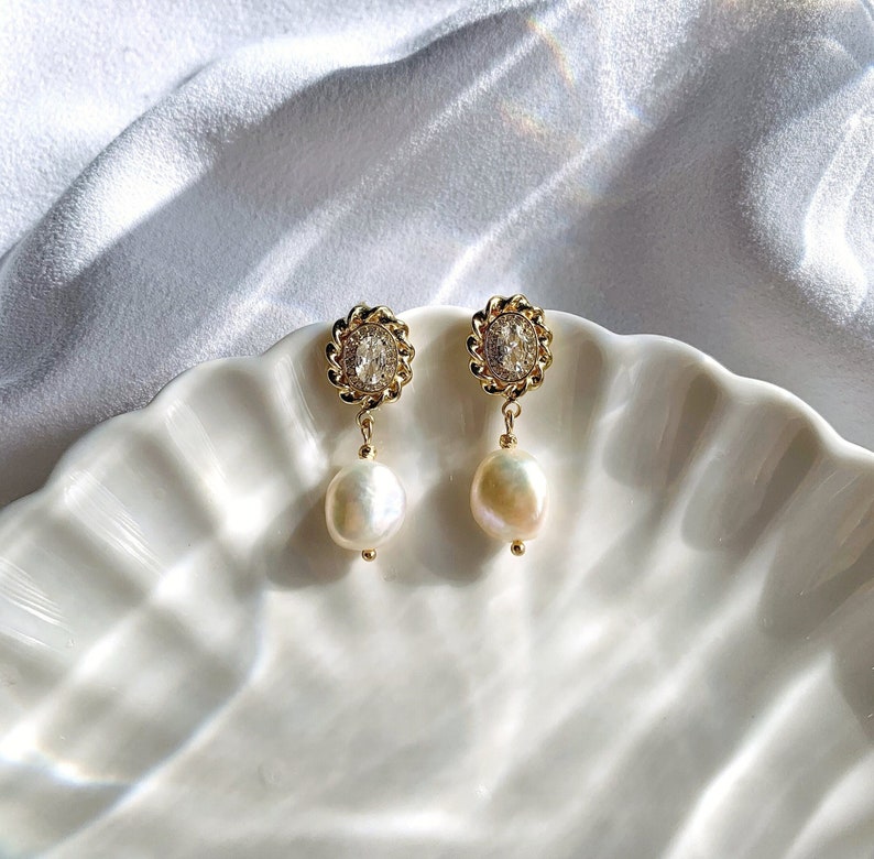 Freshwater Baroque Pearl Drop Earrings. Vintage Dangle Earrings. Everyday Earrings. Wedding Bridal Pearl Earrings. Bridesmaids Gift. image 5