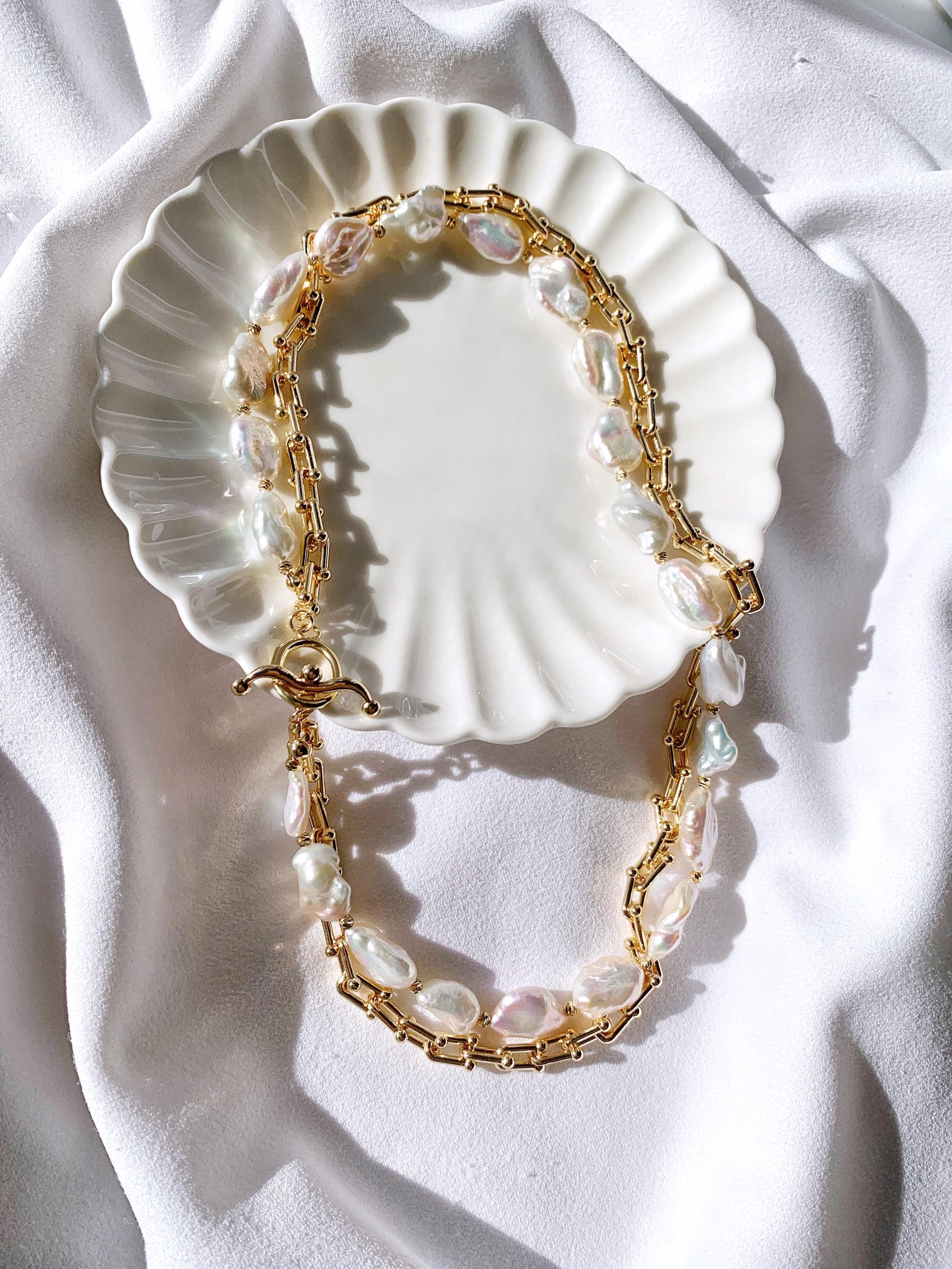 Freshwater Keshi Pearl Necklace | Layered U-link Chain Pearl Freshwater Keshi Pearl Necklace | Layered U-link Chain Pearl