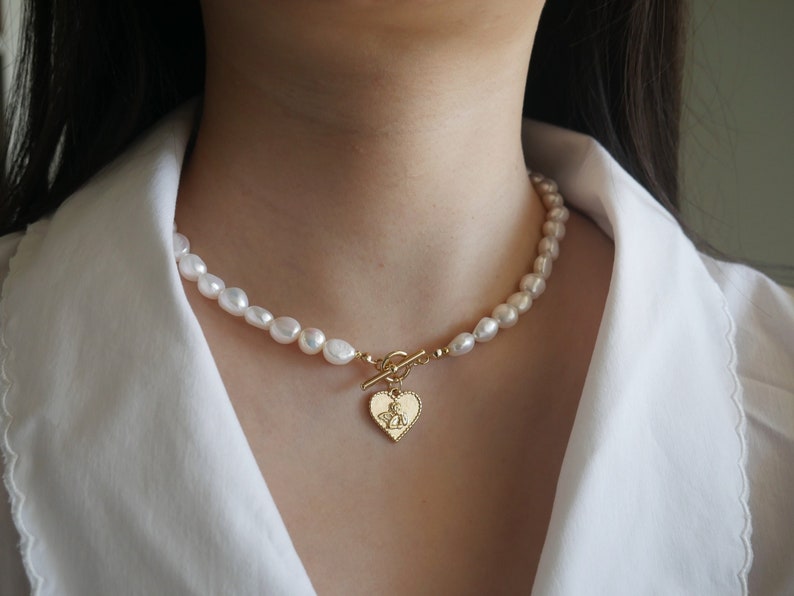 Baroque Pearl Necklace. Heart Charm Necklace. Freshwate Pearl Necklace with Charm. Pearl Necklace with Toggle. Gift For Her. image 6