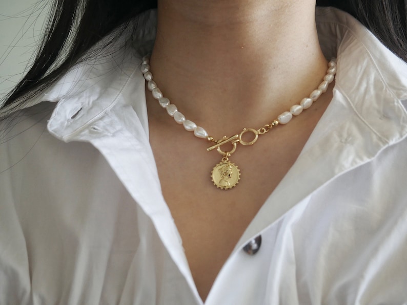 Baroque Pearl Necklace. Charm Necklace. Pearl Necklace With Gold Coin Pendant, Freshwater Pearl Necklace, Toggle Closure, Gift For Her. image 1