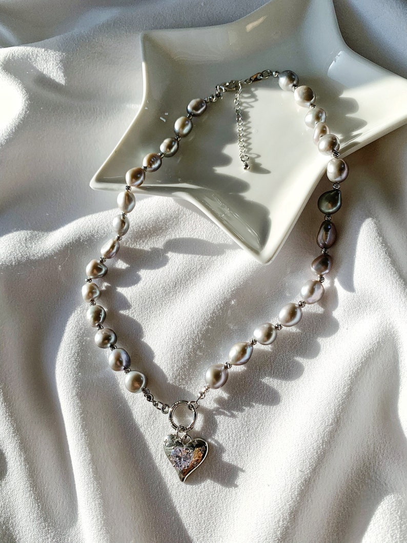 Grey Baroque Pearl Necklace. Heart Charm Pearl Necklace. Freshwater Pearl Necklace. Gift For Her. image 9