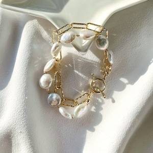 Freshwater Coin-Shaped Baroque Pearl Bracelet. High Luster Pearl Bracelet. Link Chain Toggle Bracelet. Gift For Her. Wedding Bridal Gift. image 3