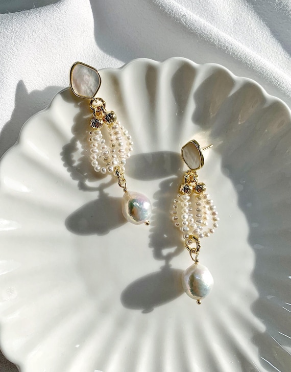 Freshwater Baroque Pearl Dangle Earrings | Small Seed Pearl Drop Earrings | Shell Statement Earrings | Bridal Wedding Jewelry Gift for Her
