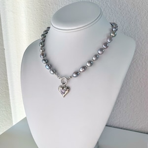 Grey Baroque Pearl Necklace. Heart Charm Pearl Necklace. Freshwater Pearl Necklace. Gift For Her. image 4