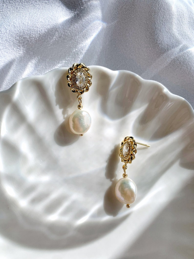 Freshwater Baroque Pearl Drop Earrings. Vintage Dangle Earrings. Everyday Earrings. Wedding Bridal Pearl Earrings. Bridesmaids Gift. image 3