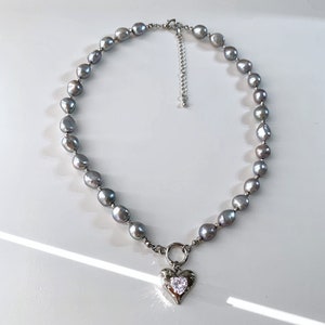 Grey Baroque Pearl Necklace. Heart Charm Pearl Necklace. Freshwater Pearl Necklace. Gift For Her. image 5