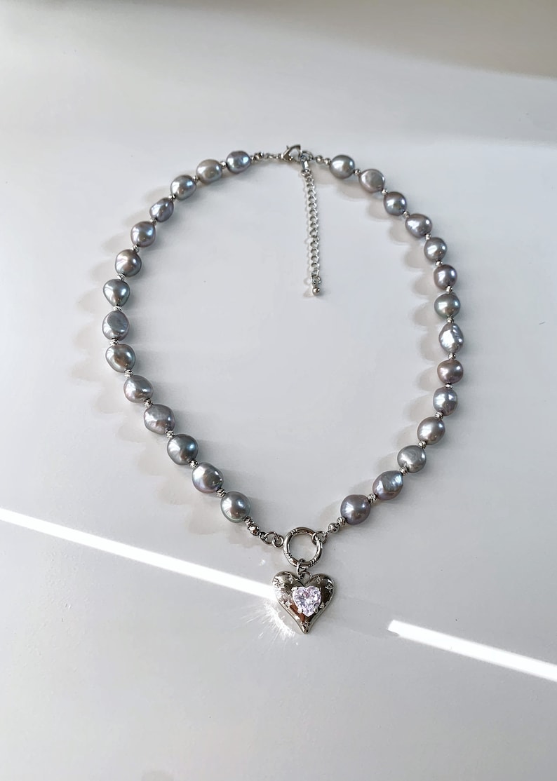 Grey Baroque Pearl Necklace. Heart Charm Pearl Necklace. Freshwater Pearl Necklace. Gift For Her. image 5