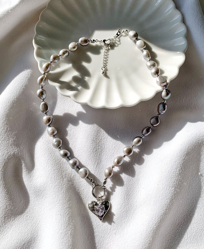 Grey Baroque Pearl Necklace. Heart Charm Pearl Necklace. Freshwater Pearl Necklace. Gift For Her. image 3