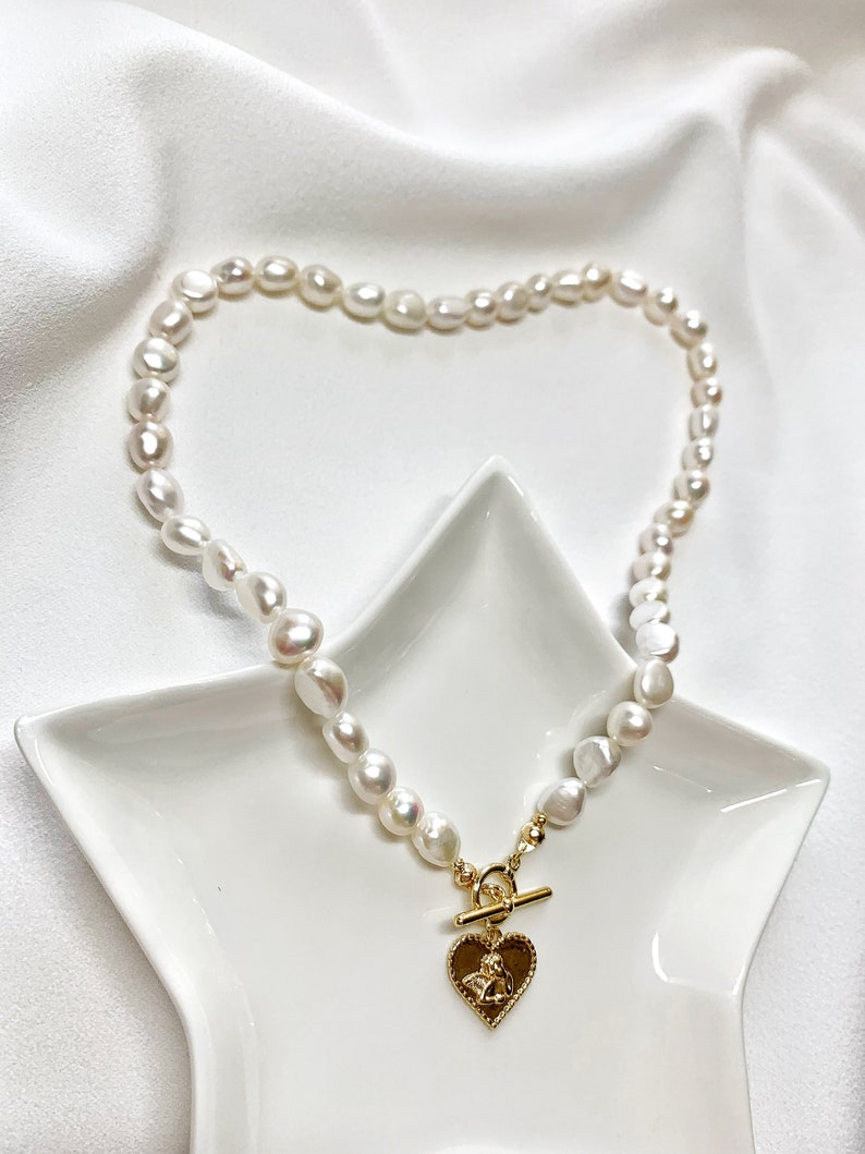 Baroque Pearl Necklace. Heart Charm Necklace. Freshwate Pearl Necklace with Charm. Pearl Necklace with Toggle. Gift For Her. image 5