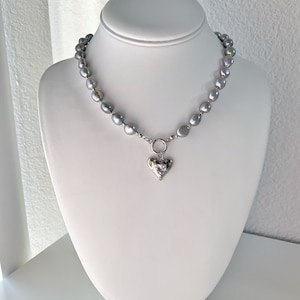 Grey Baroque Pearl Necklace. Heart Charm Pearl Necklace. Freshwater Pearl Necklace. Gift For Her. image 7