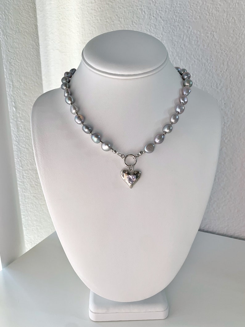 Grey Baroque Pearl Necklace. Heart Charm Pearl Necklace. Freshwater Pearl Necklace. Gift For Her. image 7