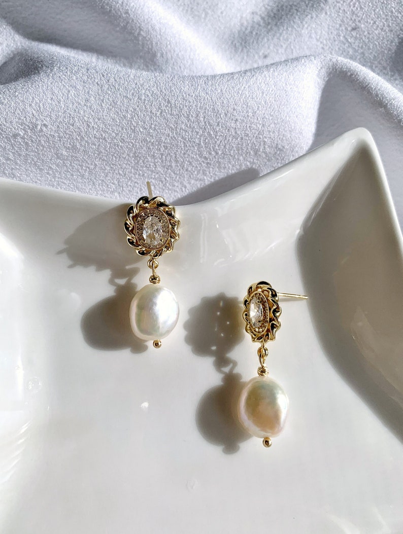 Freshwater Baroque Pearl Drop Earrings. Vintage Dangle Earrings. Everyday Earrings. Wedding Bridal Pearl Earrings. Bridesmaids Gift. image 1