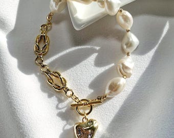 Freshwater Baroque Pearl Bracelet | Asymmetric Half Pearl Half Chain Bracelet | Heart Charm Toggle Bracelet | Statement Jewelry Gift for Her