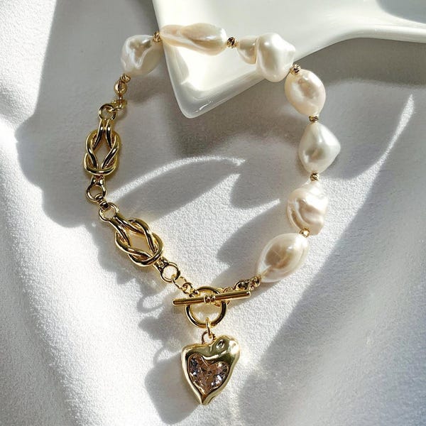 Freshwater Baroque Pearl Bracelet | Asymmetric Half Pearl Half Chain Bracelet | Heart Charm Toggle Bracelet | Statement Jewelry Gift for Her