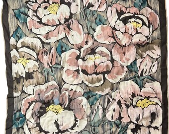 Vintage 100% Wool Square Scarf Flowers Floral Perry Ellis Pink Green Brown Tones