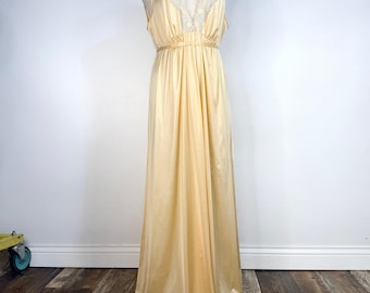 Vintage Yellow Maxi Nightgown Empire Waist Lace Boho Cottagecore Slip Dress