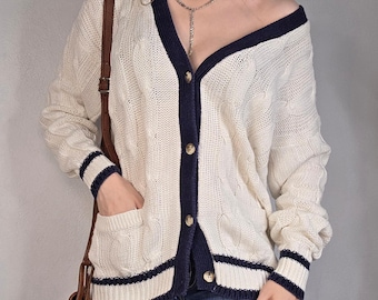 Vintage 80s 90s Cable Knit Cardigan Sweater Oversized Medium Fisherman Preppy