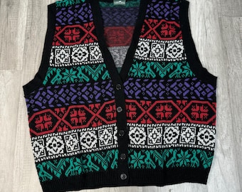 Vintage Button Front V-Neck Sweater Vest Striped Black Green White Red Purple Plus Size