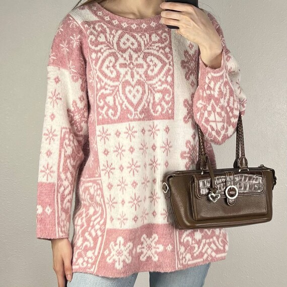 Vintage Pink White Oversized Crewneck Sweater Cot… - image 1