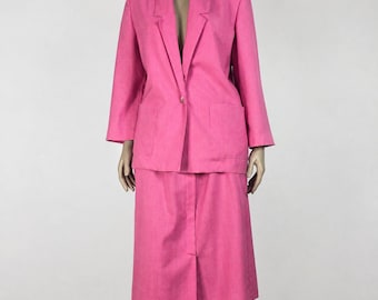 Vintage Pink Skirt Suit Blazer Midi Skirt 80s 90s Power Dressing Set Size 16