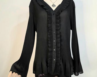 Vintage 90s Pleated Blouse Bell Sleeves Plus Size 3X Ruffle Semi Sheer Goth
