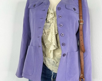 Vintage 90s 100% Silk Jacket Purple Button Front Size 6 Petite