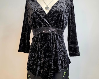 Y2K Black Velvet Babydoll V-Neck Top Whimsigoth Goth Size XL Asymmetrical Witchy
