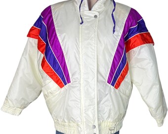 Size Large Vintage 80s White Purple Orange Stripes Ski Jacket Winter Coat Hot Spices Retro