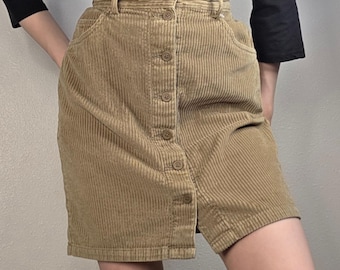 Vintage Corduroy Button Front Skirt Tan Eddie Bauer Academia Minimalist Cotton