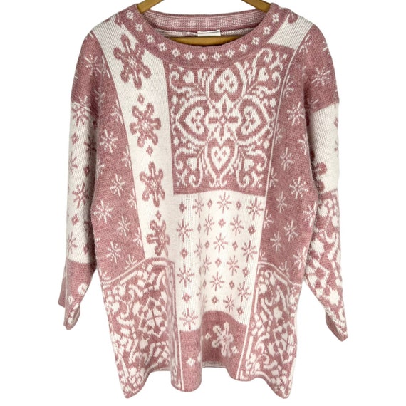 Vintage Pink White Oversized Crewneck Sweater Cot… - image 2