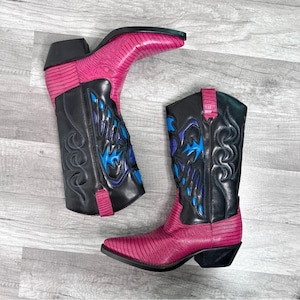 Vintage 90s Pink Black Blue Cowgirl Cowboy Western Boots Leather Size 6