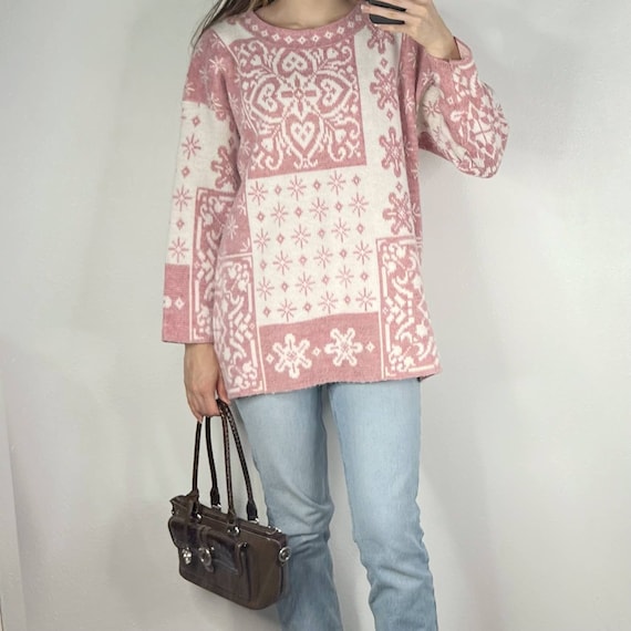 Vintage Pink White Oversized Crewneck Sweater Cot… - image 6